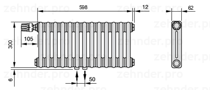 Схема (чертеж) Радиатор Zehnder Charleston 2030/13 №V007 Белый глянцевый RAL 9016